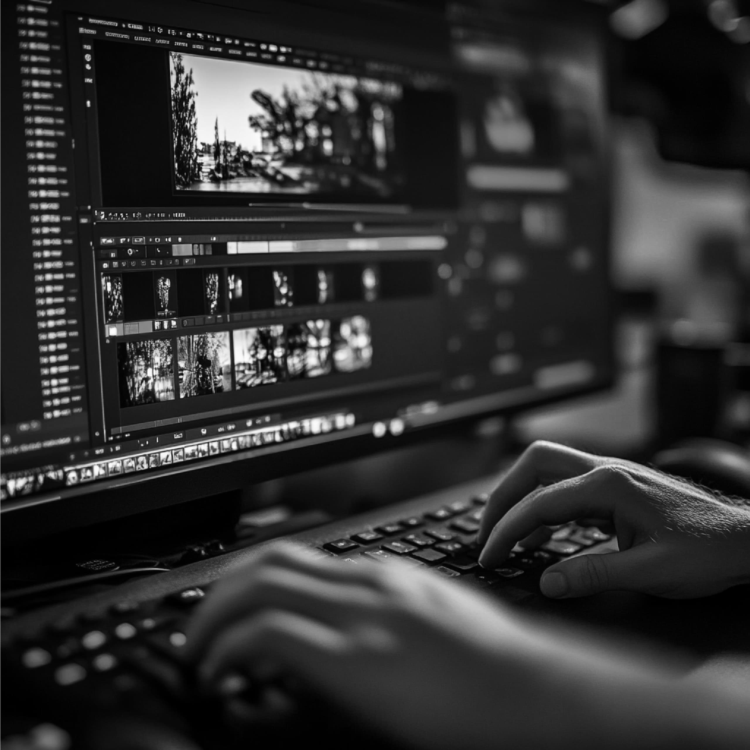 Close-up of a video editor working on promotional video footage